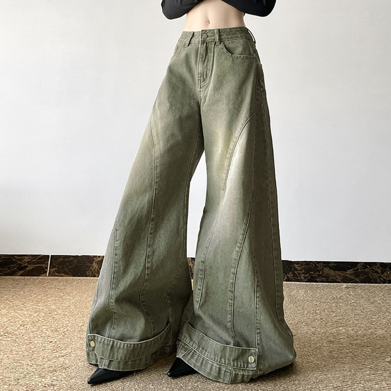 American street scimitar pants used in old washing pants retro low waist slimming loose wide-leg work jeans trendy